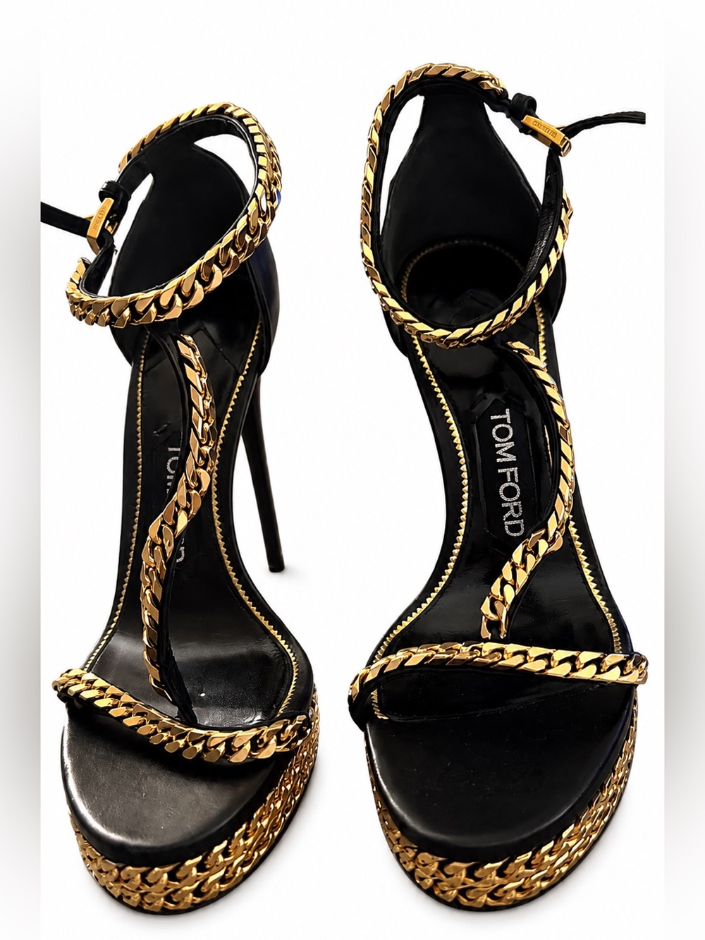 Tom Ford Black Leather High Heel Sandals with Gold Chain Trim